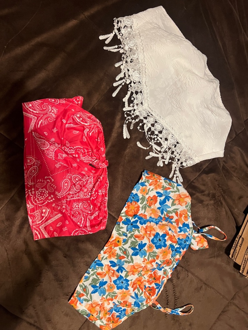 SHEIN White Crochet Fringe Bandeau & Pink Bandana & Floral Crop Tops Set